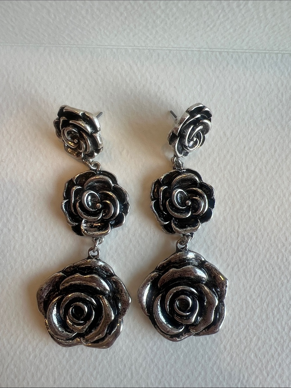 Vintage Silver Rose Drop Earrings - Women Jewelry
